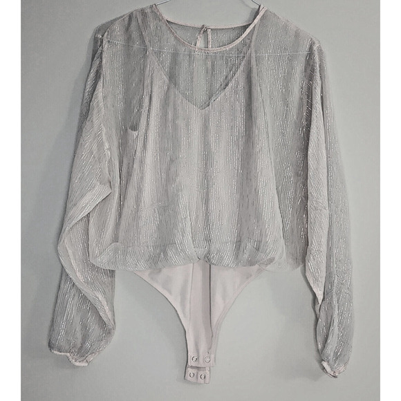 Express Tops - Express Bodysuit Pink and Metallic Sheer Overlay FairyCore Women's Size M